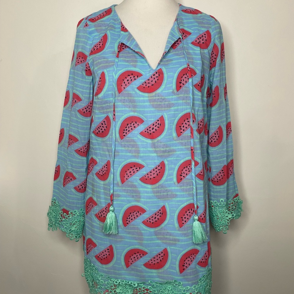 STS Sail To Sable Tunic Dress SZ S Watermelon Print Green Tassel Cotton - Picture 2 of 16